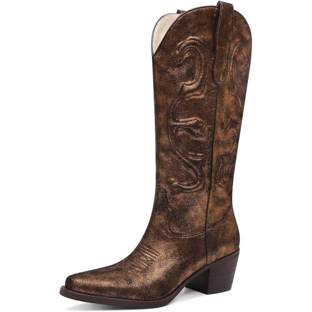 Women's Brown Mid Calf Chunky Heel Pointed Toe Cowgirl Boot Fashion Embroidery